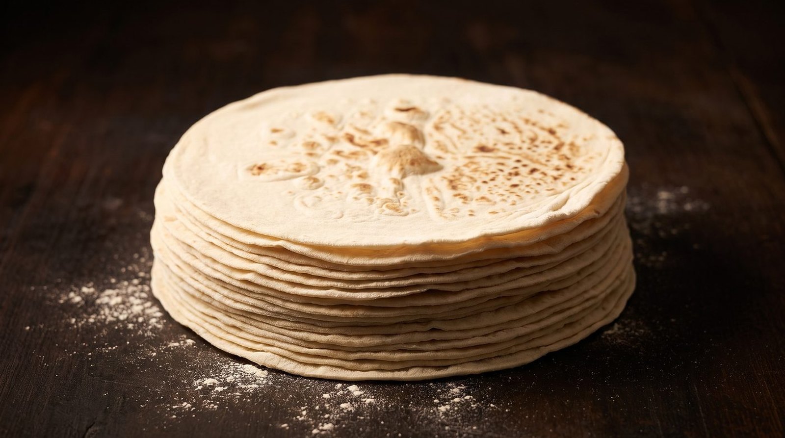 A stack of Köy Yufkası on a dark wooden board, with flour around it